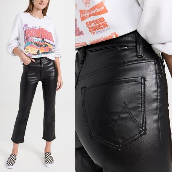 MOTHER | High Waisted Rider Ankle Black Faux Leather Jeans Wax On Wax Off 24 - Picture 3 of 16
